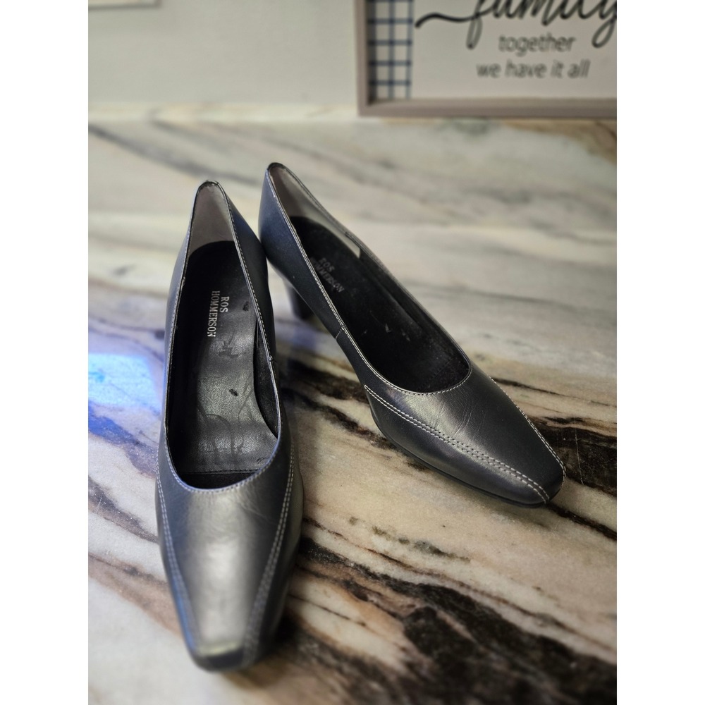 Ros Hommerson Metallic Gray Leather Square Toe Kitten Heel Pumps Mens 7.5M